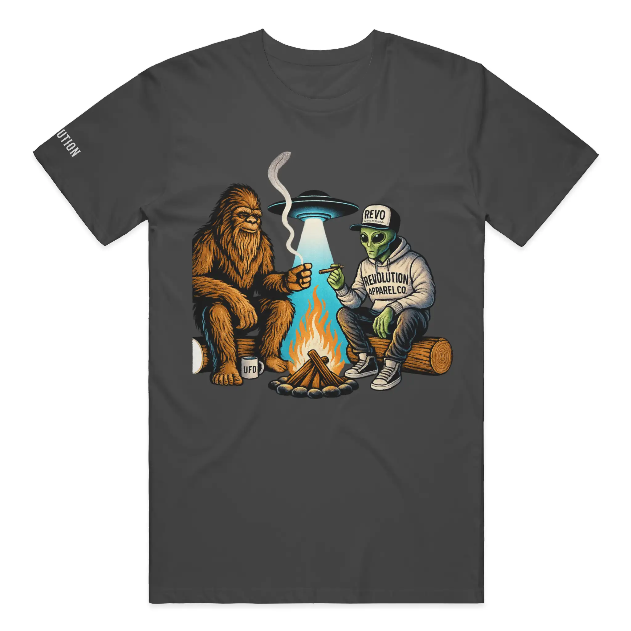 Revolution Apparel Co. Joint Operations Ultra Soft Preshrunk Tee – Bigfoot & Alien Campfire Graphic