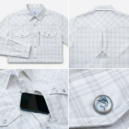 SaltWater Troubadour Bolivar Flats Shorebird performance fishing shirt with UltraCast fabric and Western pearl snaps.