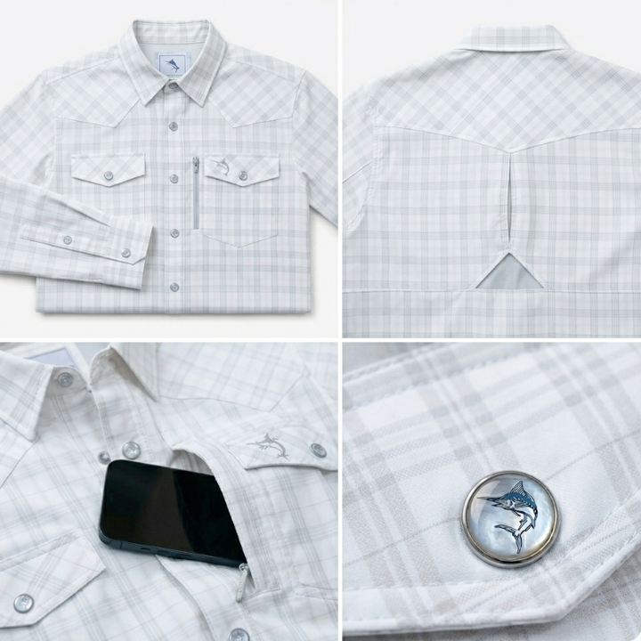 SaltWater Troubadour Bolivar Flats Shorebird performance fishing shirt with UltraCast fabric and Western pearl snaps.