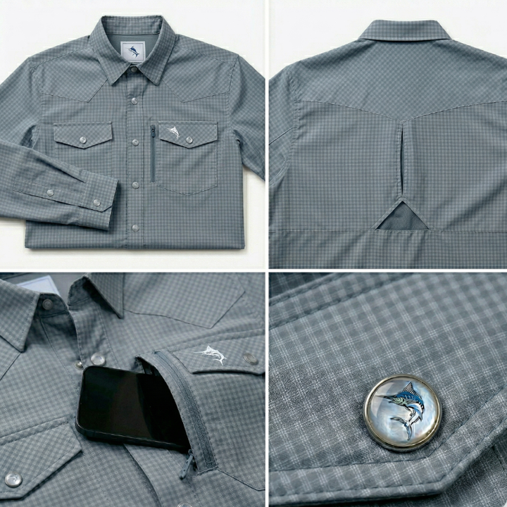 SaltWater Troubadour Galveston Jetty Granite performance fishing shirt with UltraCast fabric and Western pearl snaps.