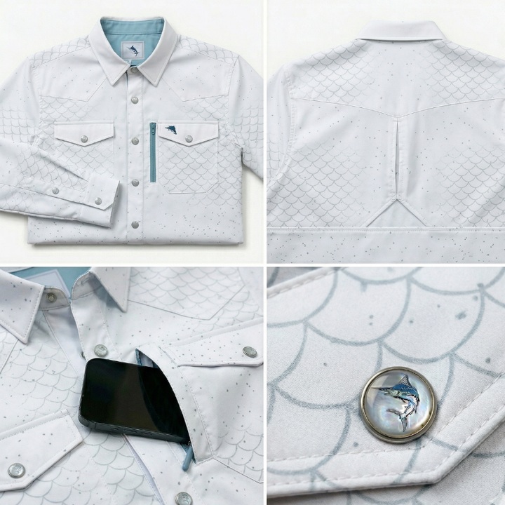 SaltWater Troubadour Pensacola Speckled Trout performance fishing shirt with UltraCast fabric and Western pearl snaps.