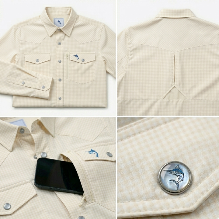SaltWater Troubadour Rockport Harbor Sunrise performance fishing shirt with UltraCast fabric and Western pearl snaps.