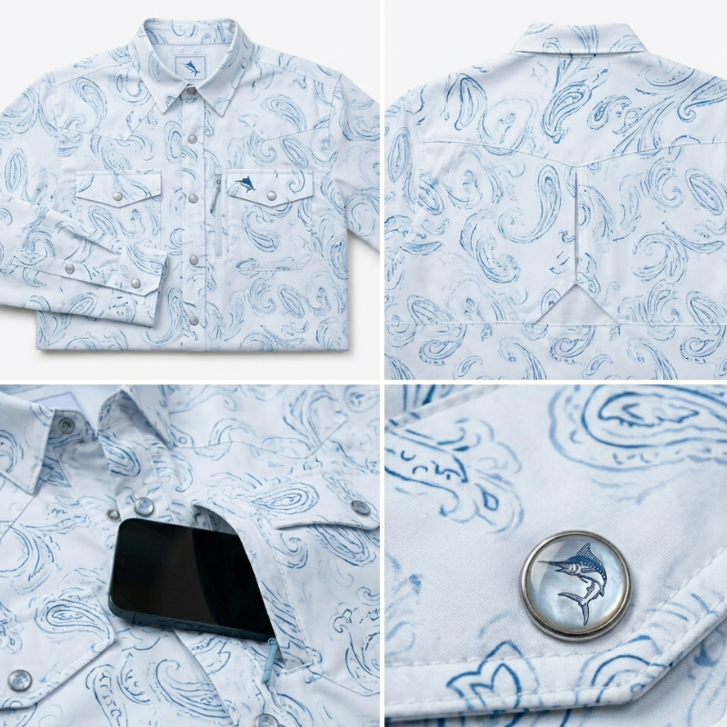 SaltWater Troubadour South Padre Jetty Rock performance fishing shirt with UltraCast fabric and Western pearl snaps.