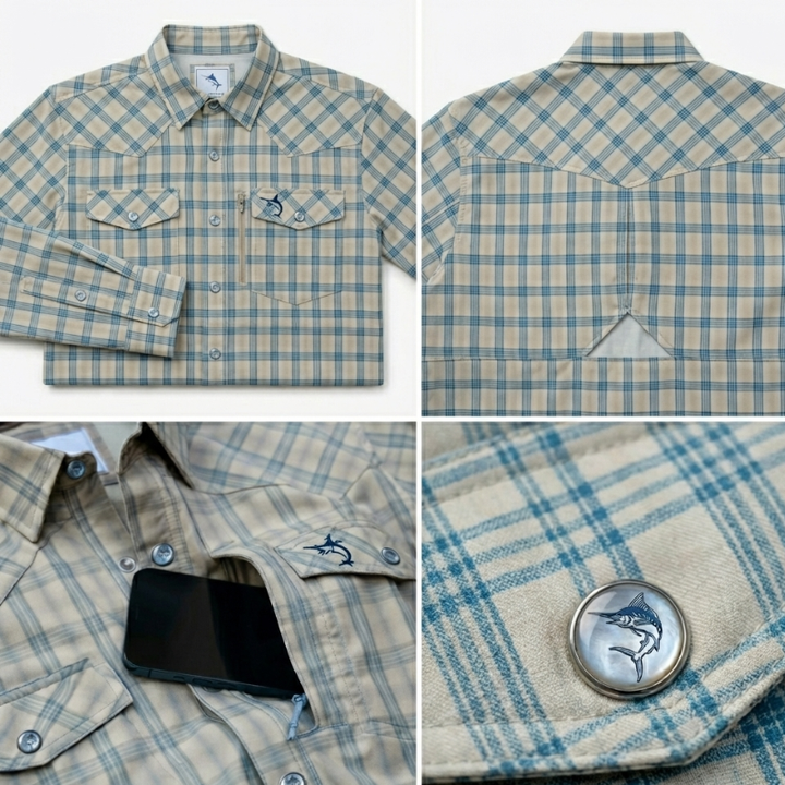 SaltWater Troubadour South Padre Slick Line performance fishing shirt with UltraCast fabric and Western pearl snaps.