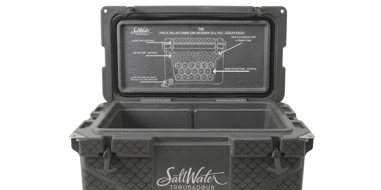 SaltWater Troubadour The Last Damn Cooler 65 Quart - Open with rules