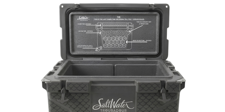 SaltWater Troubadour The Last Damn Cooler 65 Quart - Open with rules