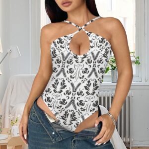 LéRev Vintage Floral Halter Neck Cross Bodysuit